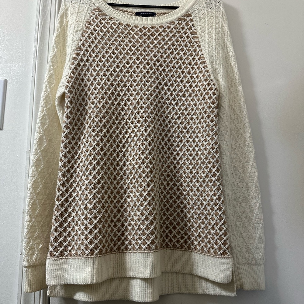 Lands’ End Raglan Crew Neck Sweater - Ivory & Tan - Size Medium